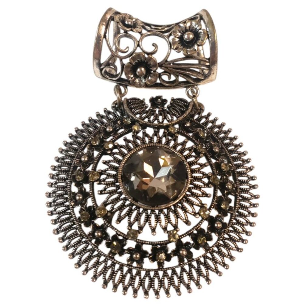Vintage Gianni Bini GB Pewter Silver Scarf Ring with Rhinestones & Flowers